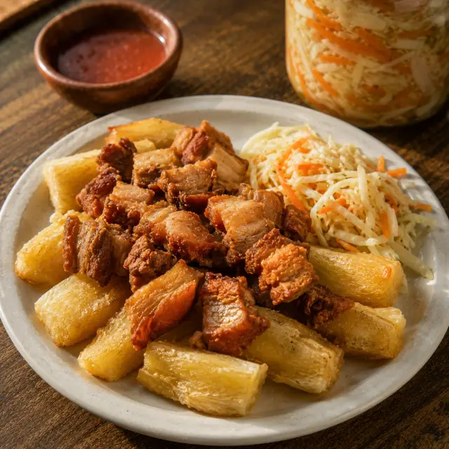 Yuca frita con chicharrón